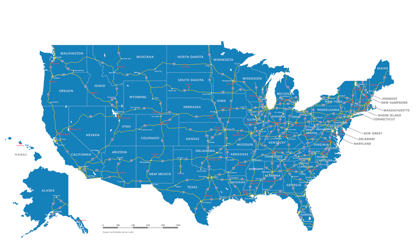Map of the United States showing interstate highways covered by nationwide BOC-3 process agent designation
